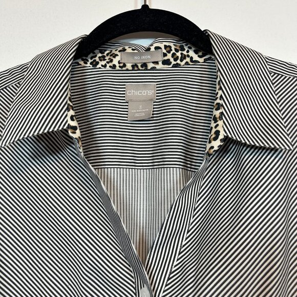 Chicos Black & White Striped Blouse with leopard detailing Size 3 - Picture 2 of 9
